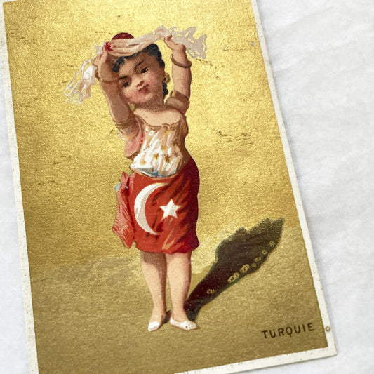 Late 19th - Vintage Chromo Card - Turkish Dancer Girl Child - Ottoman Empire Inspired Collectible - Gilt Gold Background - Cultural Ephemera