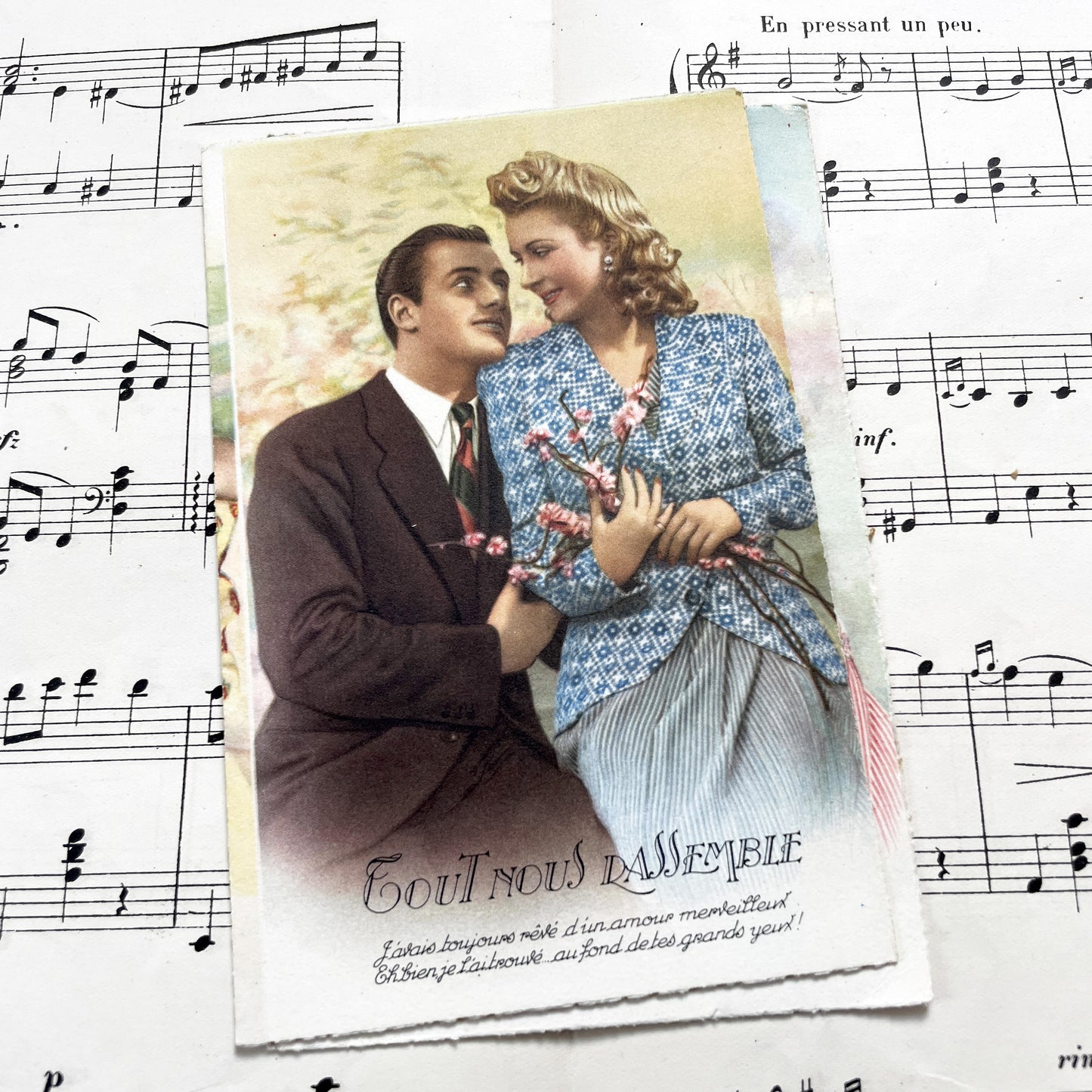 1940s - Romantic Vintage Postcards Set - Four French Love Chromos - Mid-Century Sentimental Couple Art - Collectible Paper Ephemera