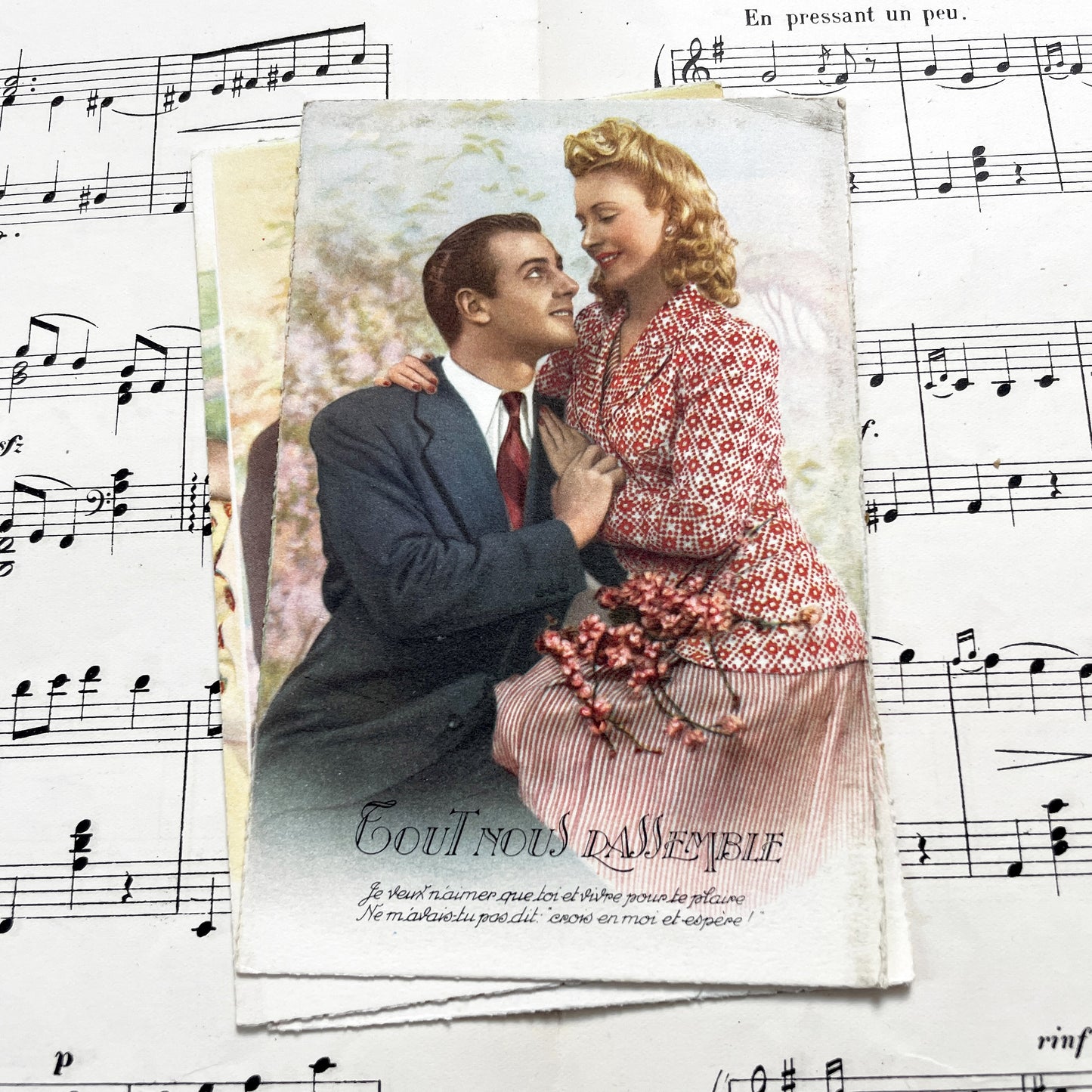 1940s - Romantic Vintage Postcards Set - Four French Love Chromos - Mid-Century Sentimental Couple Art - Collectible Paper Ephemera