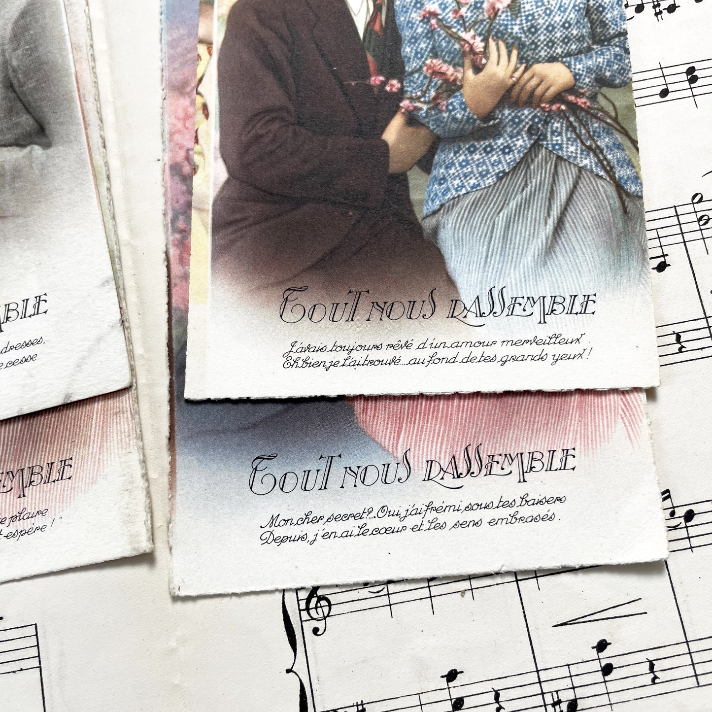 1940s - Romantic Vintage Postcards Set - Four French Love Chromos - Mid-Century Sentimental Couple Art - Collectible Paper Ephemera