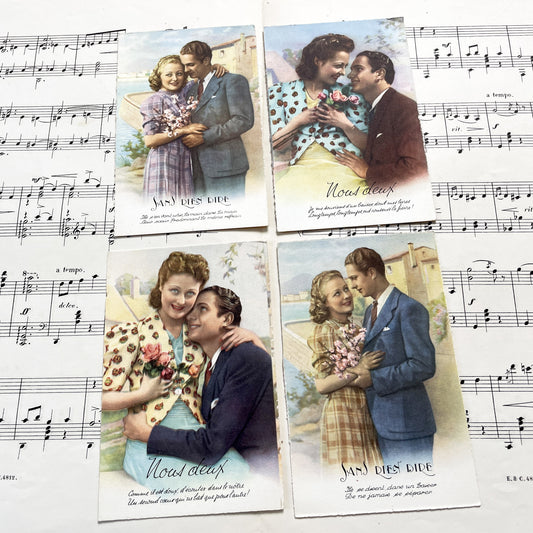 1940s - Vintage French Romantic Postcards - Set of Four Art Cards - Antique Love Couple Illustrations - Nostalgic Wall Decor