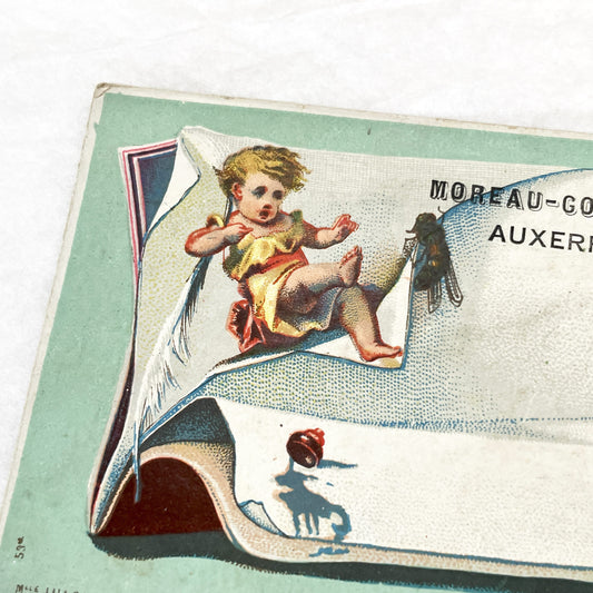 Late 19th - French Advertising Card - Chromolithograph Baby & Fly Illustration - Auxerre Store Advertisement - Vintage Ephemera