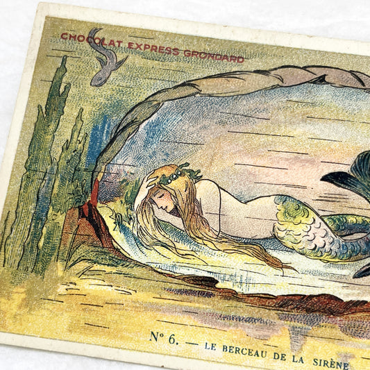 1900s - Vintage French Advertising Chromo Card - Sleeping Mermaid Oyster Shell - Chocolat Express Grondard - Fantasy Sea Art Collectible