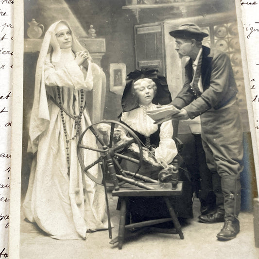 1900s - Antique French Postcard - Nun And Woman At Spinning Wheel - Religious Allegory - Vintage Sepia Photograph - Dramatic Scene