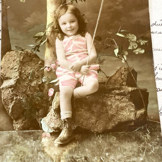 1910s - Vintage French Postcard - Little Girl Portrait - Hand Colored-Sepia Tone - Gage Amitie Sentiment - Old Photo Art
