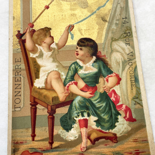 Late 19th - Vintage French Advertising Card - Chromolithograph Children Playing - Fashion House Advertisement - Textiles & Corsets