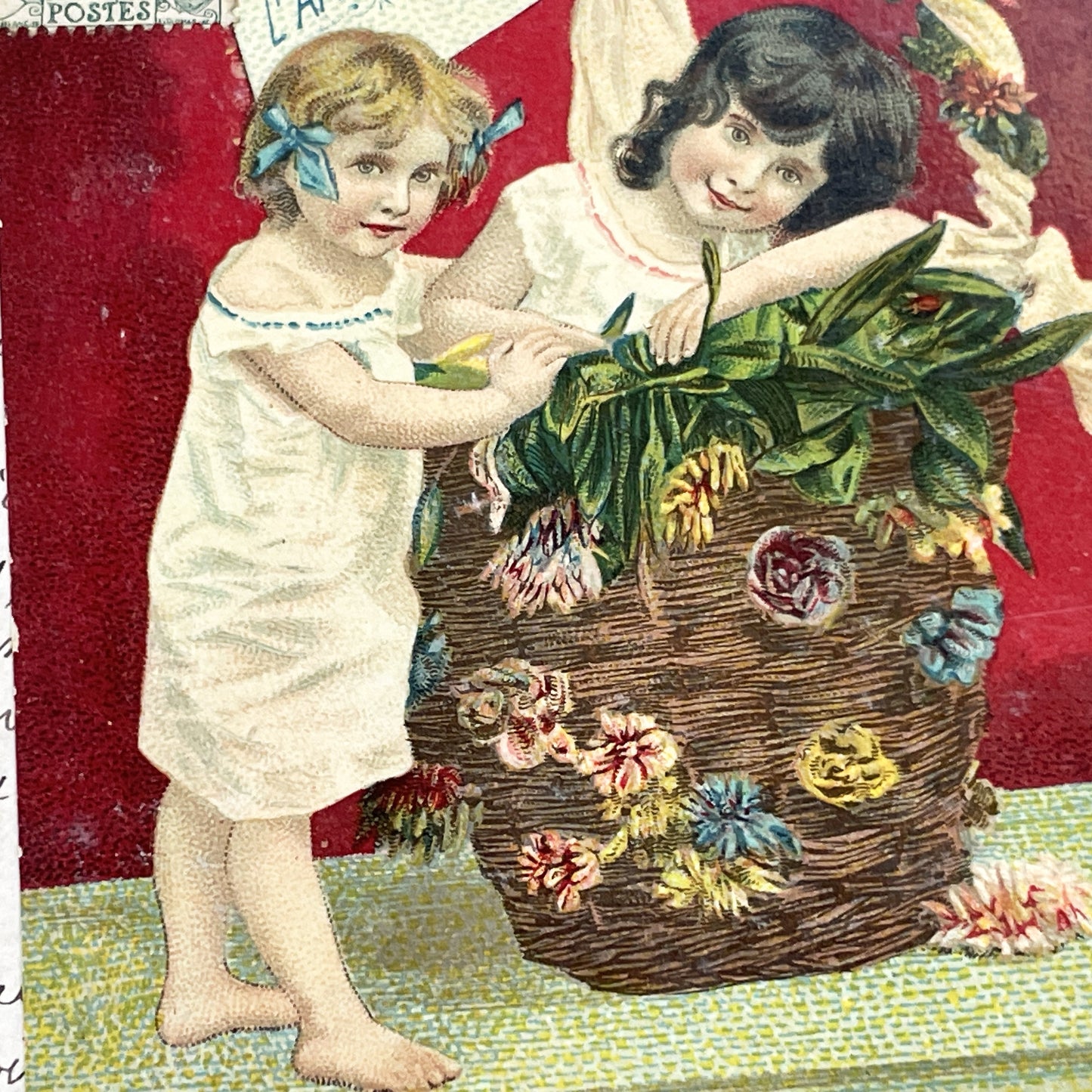 1900s - French Friendship Postcard - Charming Children Floral Basket Art - Historical Ephemera - Collectible Memorabilia