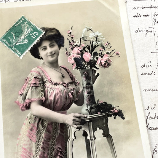 1910s - Vintage French Postcard - Edwardian Lady in Pink Dress - Bon Anniversaire - Happy Birthday - Antique Ephemera Paper Collectible