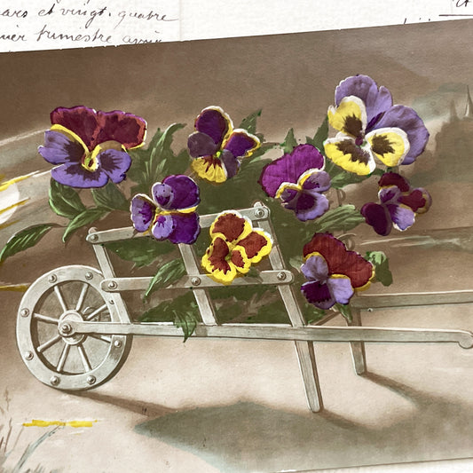1900s - Vintage Postcard - Wheelbarrow Of Pansies - Moonlight Castle - Floral Art Nouveau - French Nature Collectible Card - Chromo