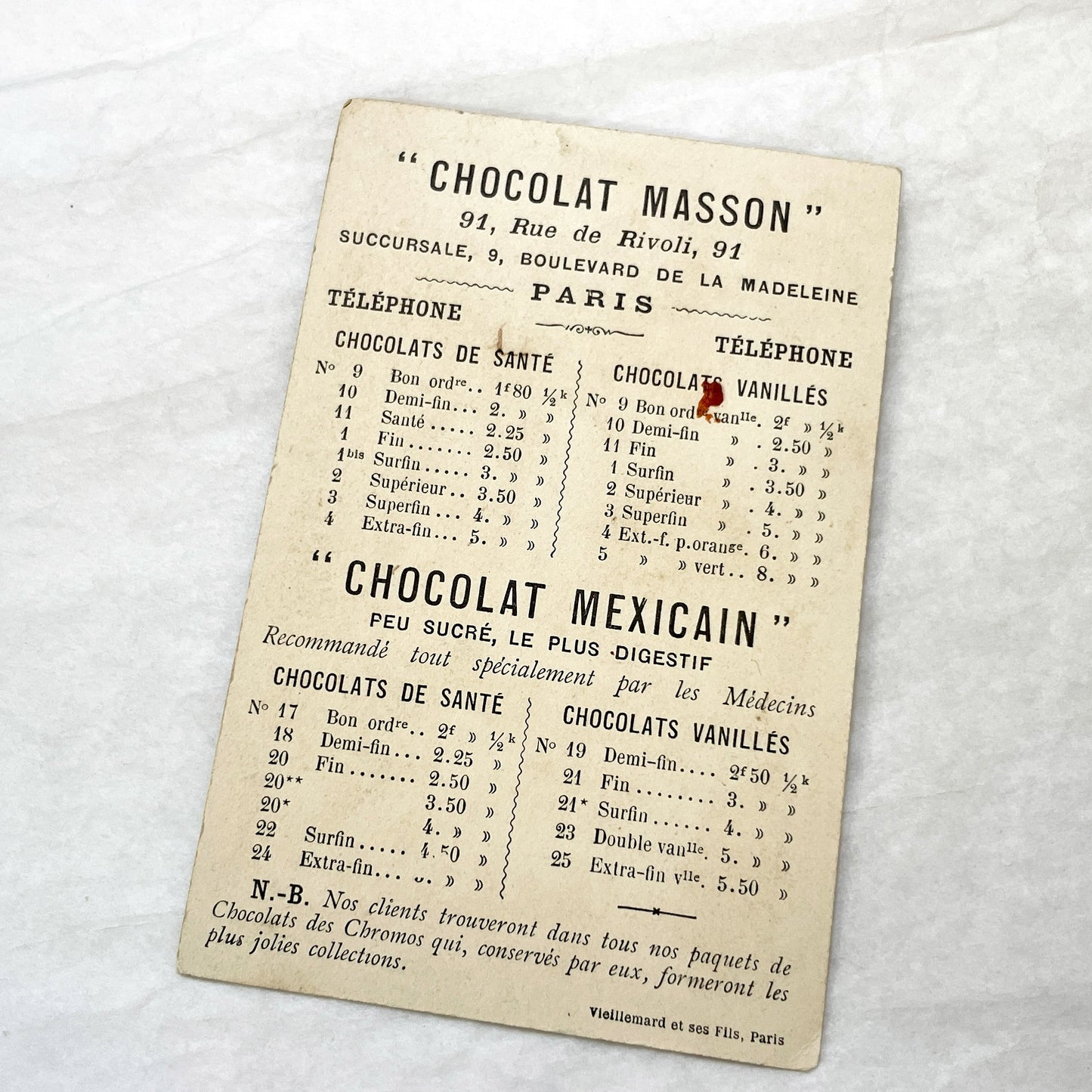 1900s - Vintage French Chromo Chocolate Masson Advertising Trade Card - Chocolat Mexicain - Padded Moving Van - Paris Confectionery Ad