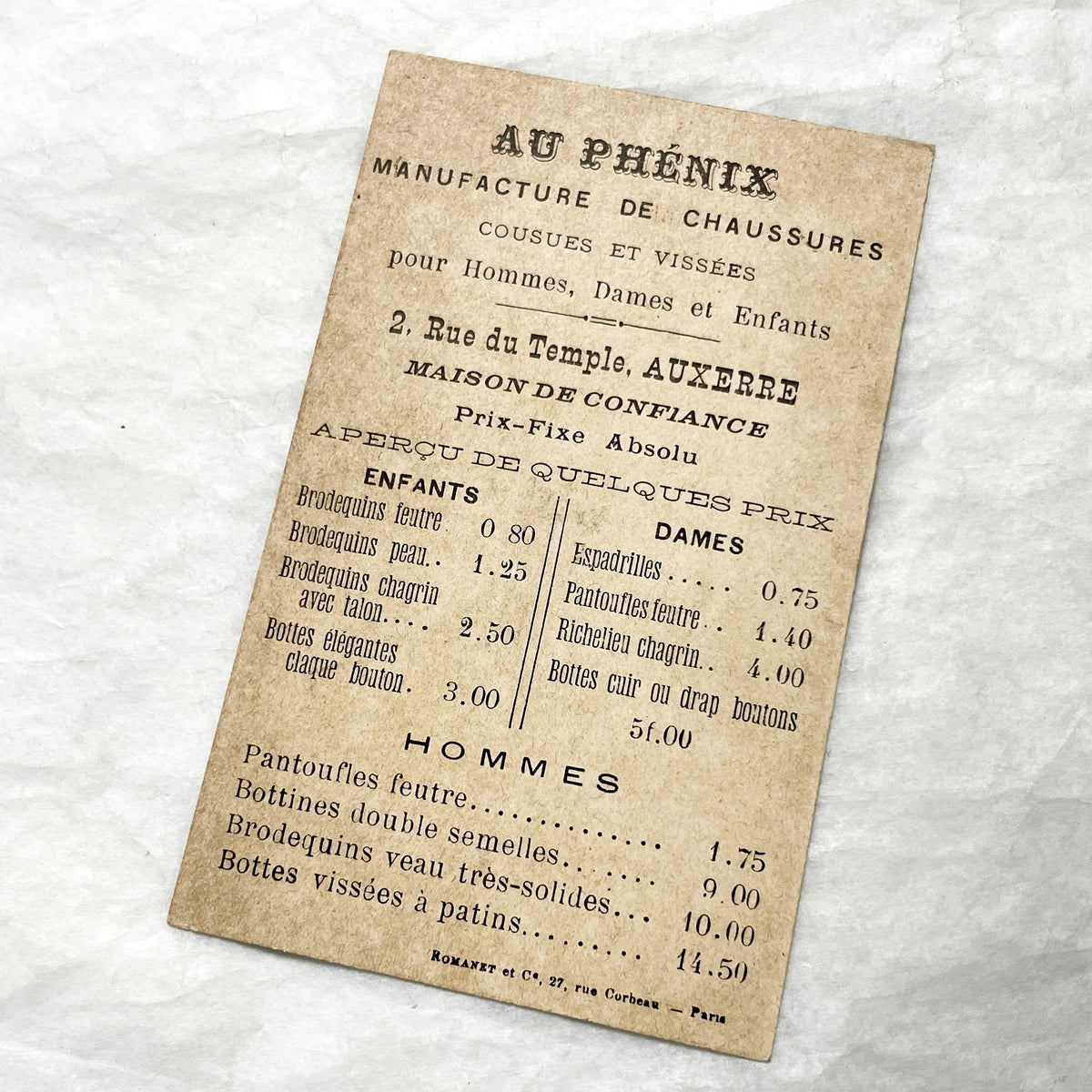 Late 19th - Vintage French Advertising Card - Au Phénix Shoe Manufacturer Auxerre - Historical Ephemera - Collectible Trade Card