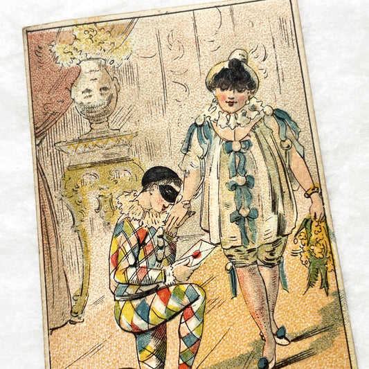 1900s - Vintage French Advertising Card - Commedia dell'arte Pierrot & Columbine Puzzle - Thé Royal Tea Promotion - Collectible Ephemera