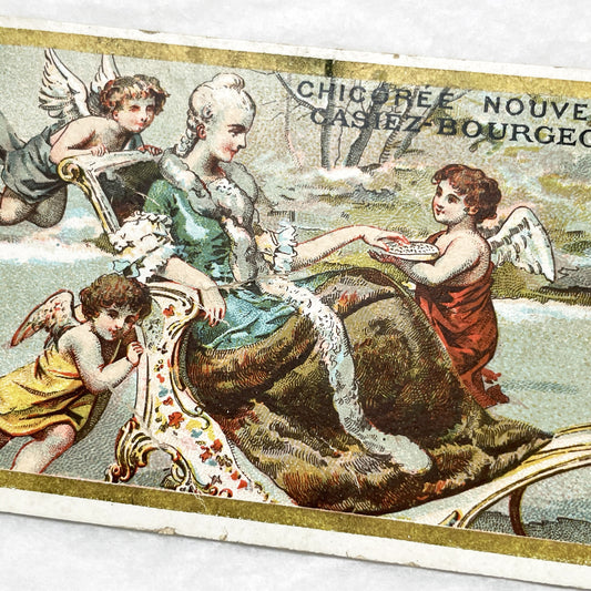 Late 19th - Vintage French Advertising Chromo Card for Casiez-Bourgeois Chicory - Rococo Style Artwork with Angels and Elegant Woman