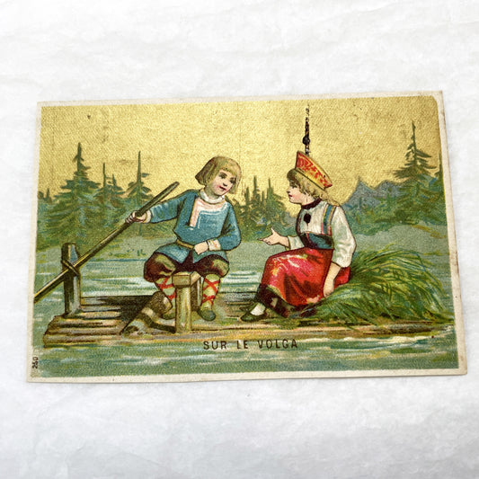 Late 19th - 2 Antique French Chromo Trade Cards - World Scenes - Voyage Themes - Rousseau Clothing Advertisement - Collectible Ephemera Set