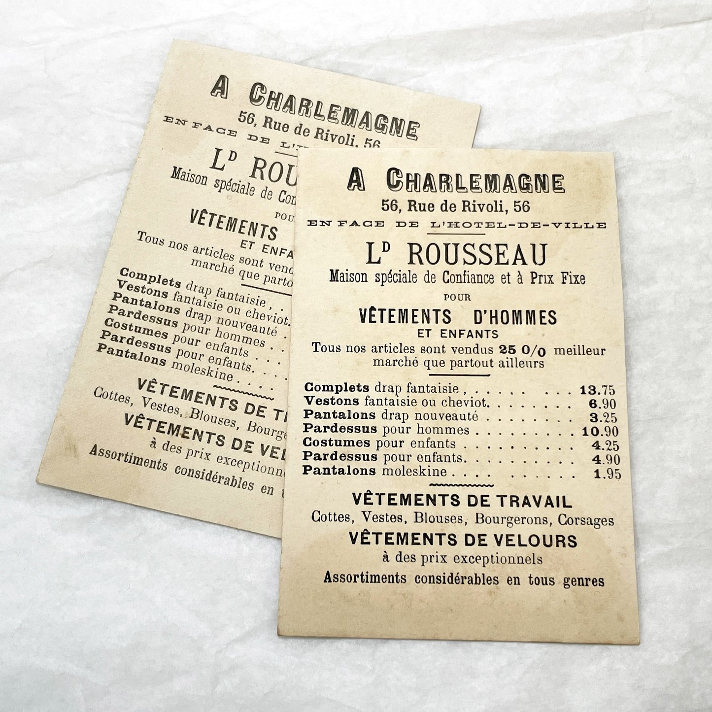 Late 19th - 2 Antique French Chromo Trade Cards - World Scenes - Voyage Themes - Rousseau Clothing Advertisement - Collectible Ephemera Set