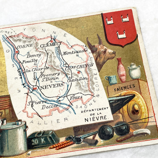Late 19th - French Advertising Trade Card - Nièvre Map - Fil Géographique Thread - Regional Products - Nevers - Pouilly - Collectible Art
