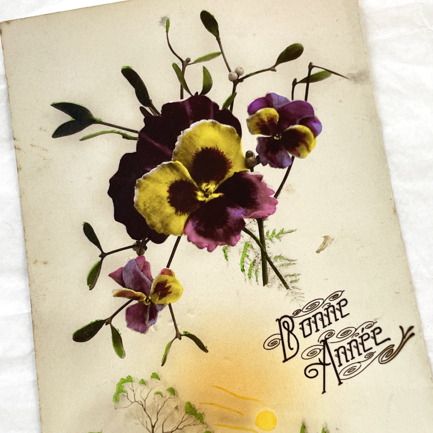 1920s - Vintage French New Year Postcard - Pansies Mistletoe Winter Landscape - Antique 'Bonne Annee' Greeting Card Collectible
