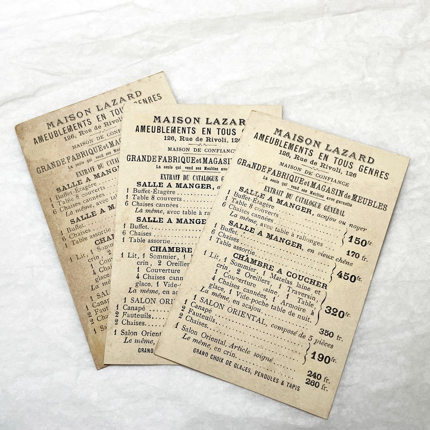Late 19th - 3 French Ephemera Lot - Vintage Advertising Cards & Furniture Catalog Excerpts - H. Sicard Chromos - Maison Lazard Paris
