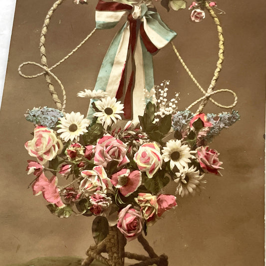 1910s - Antique French Bonne Fete Postcard - Hand-Colored Floral Bouquet - Vintage Ephemera Collectible Paper Art - Rustic Basket Design