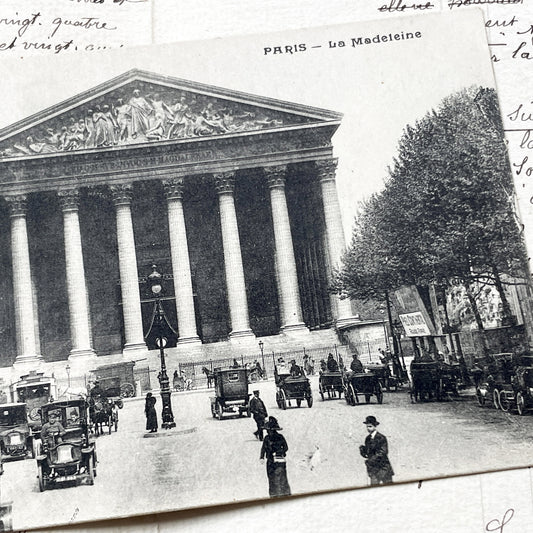 1910s - Paris La Madeleine Vintage Postcard - Busy Street Scene - Early Automobiles - French Architecture - Historic Landmark