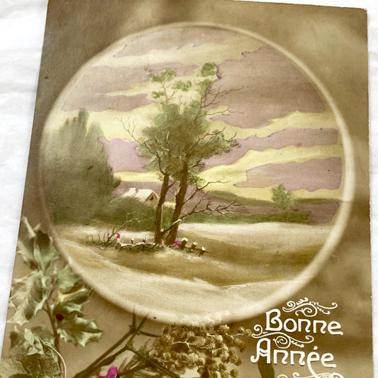 1910s - French New Year Postcard - Vintage Bonne Année Greeting Card - Winter Landscape - Floral Design - Antique Ephemera - Collectible
