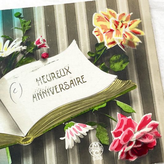 1910s - French Happy Birthday Postcard - Antique Floral Book - Gloria M Publisher - Vintage Good Luck Horseshoe Greetings Card