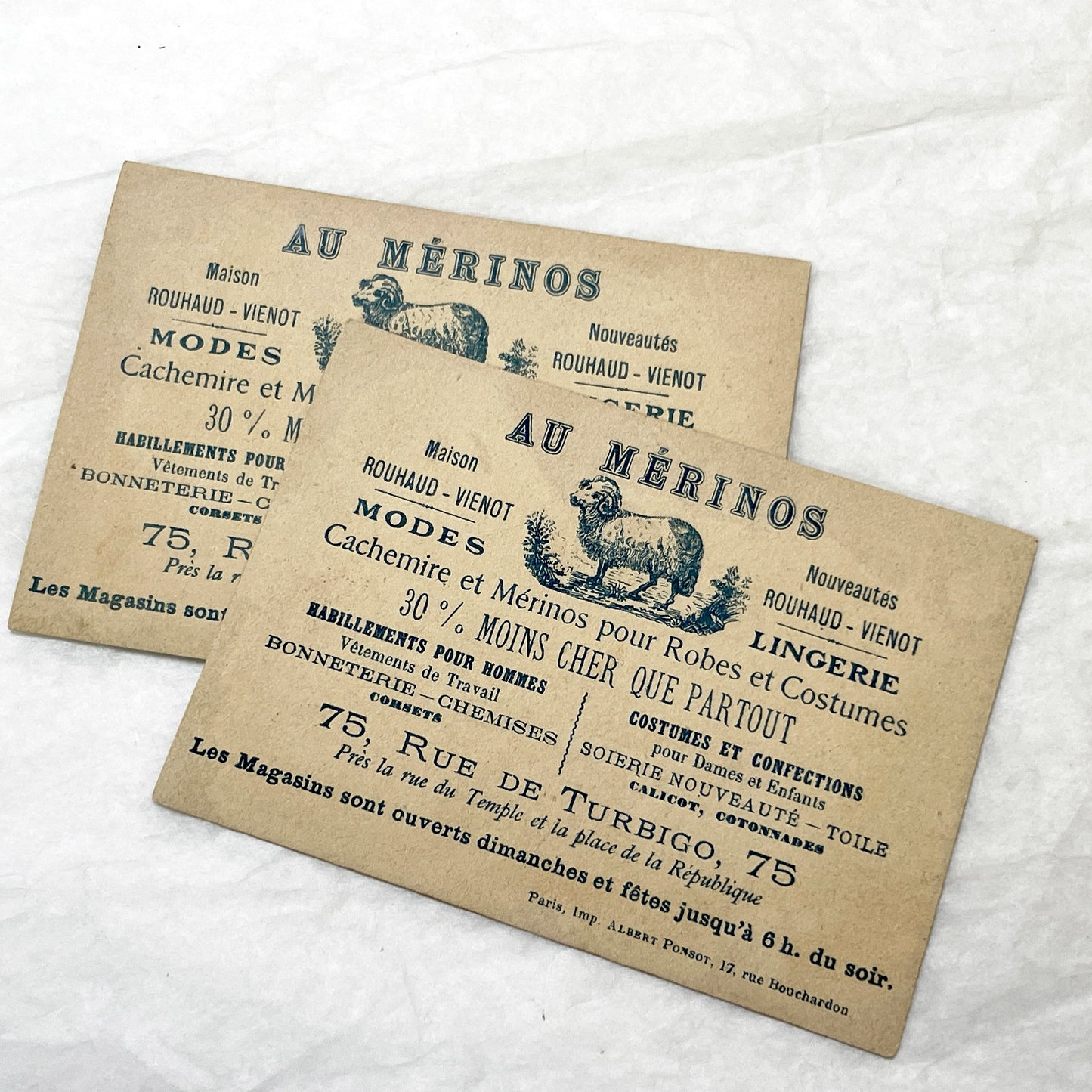 Late 19th - 2 Parisian Advertising Cards - Novelty Store - Fashion - Paris - Christiania - Stockholm - Vintage Ephemera - Collectible Ads