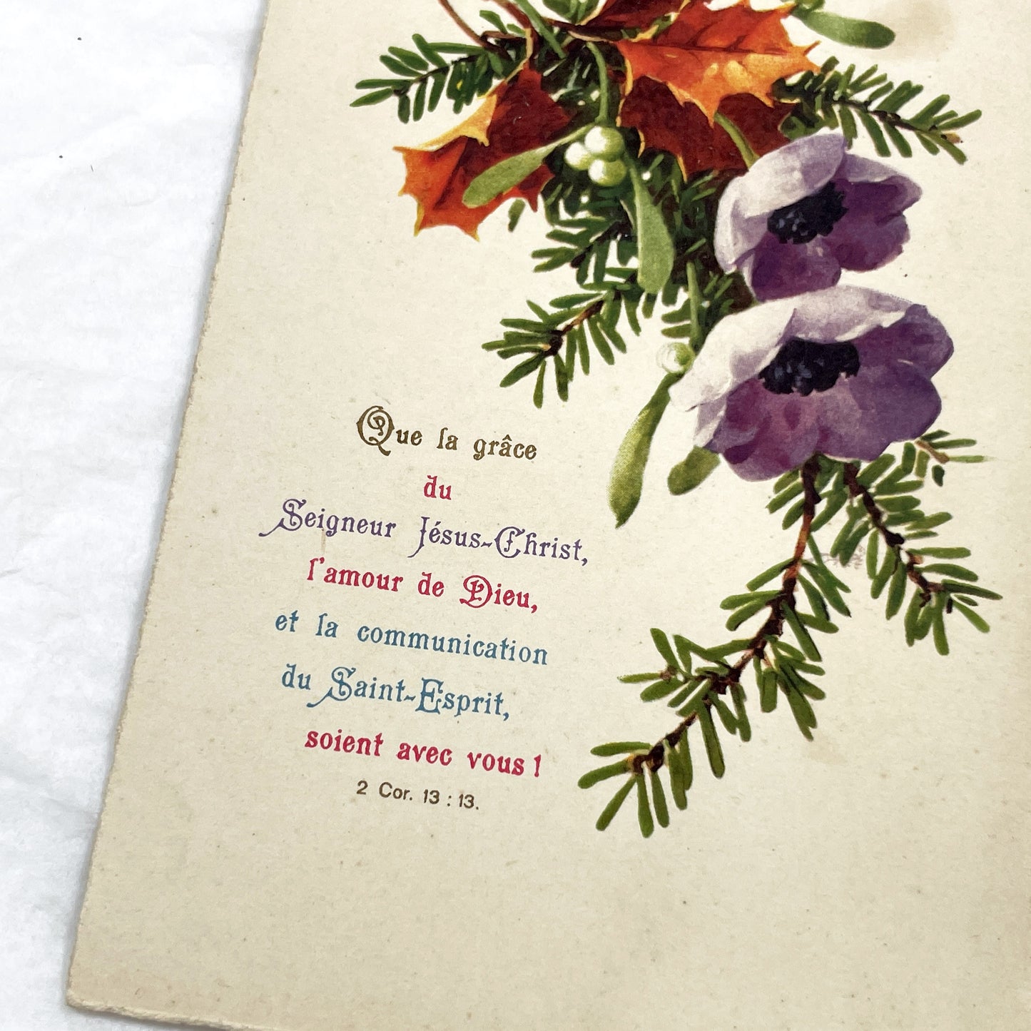 1910s - Antique French Religious Postcard - Bible Verse 2 Corinthians 13:13 - Floral Mistletoe Anemones Spiritual Greeting Card Ephemera