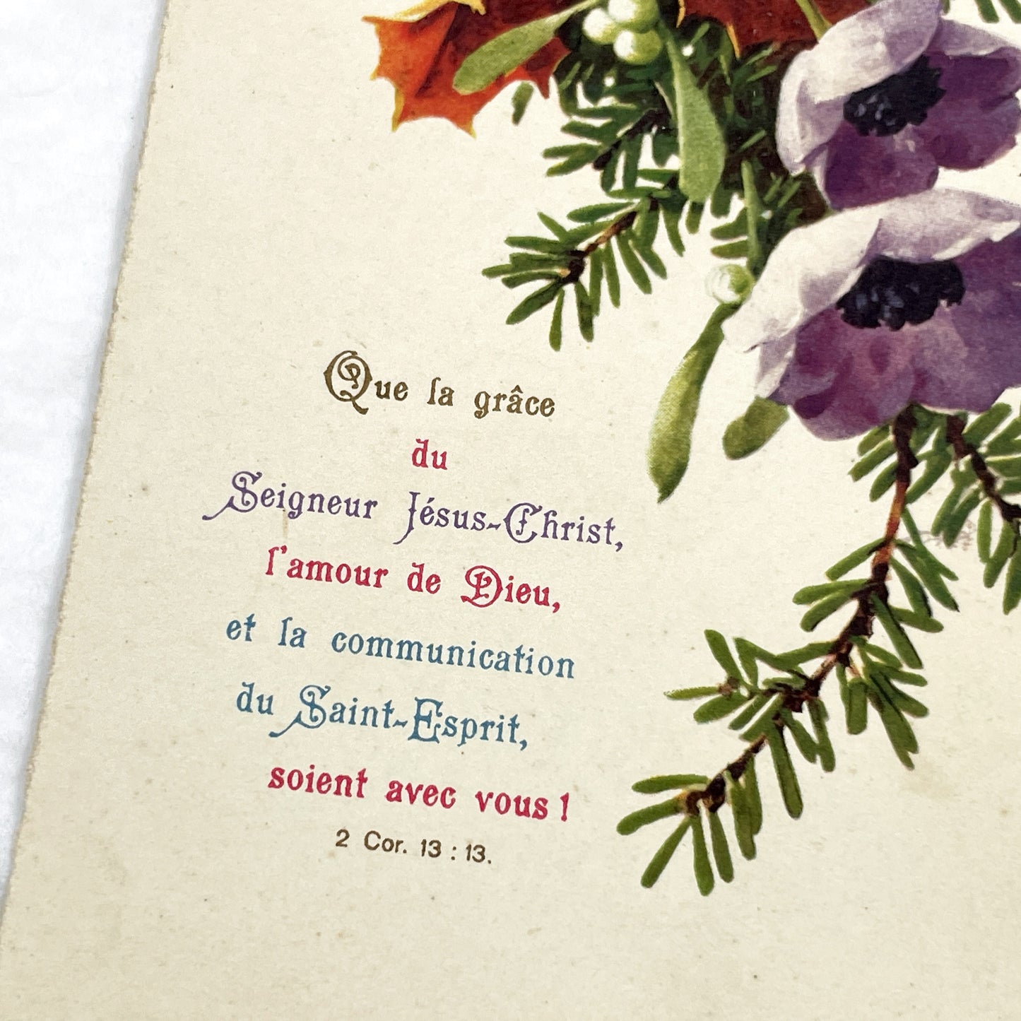 1910s - Antique French Religious Postcard - Bible Verse 2 Corinthians 13:13 - Floral Mistletoe Anemones Spiritual Greeting Card Ephemera