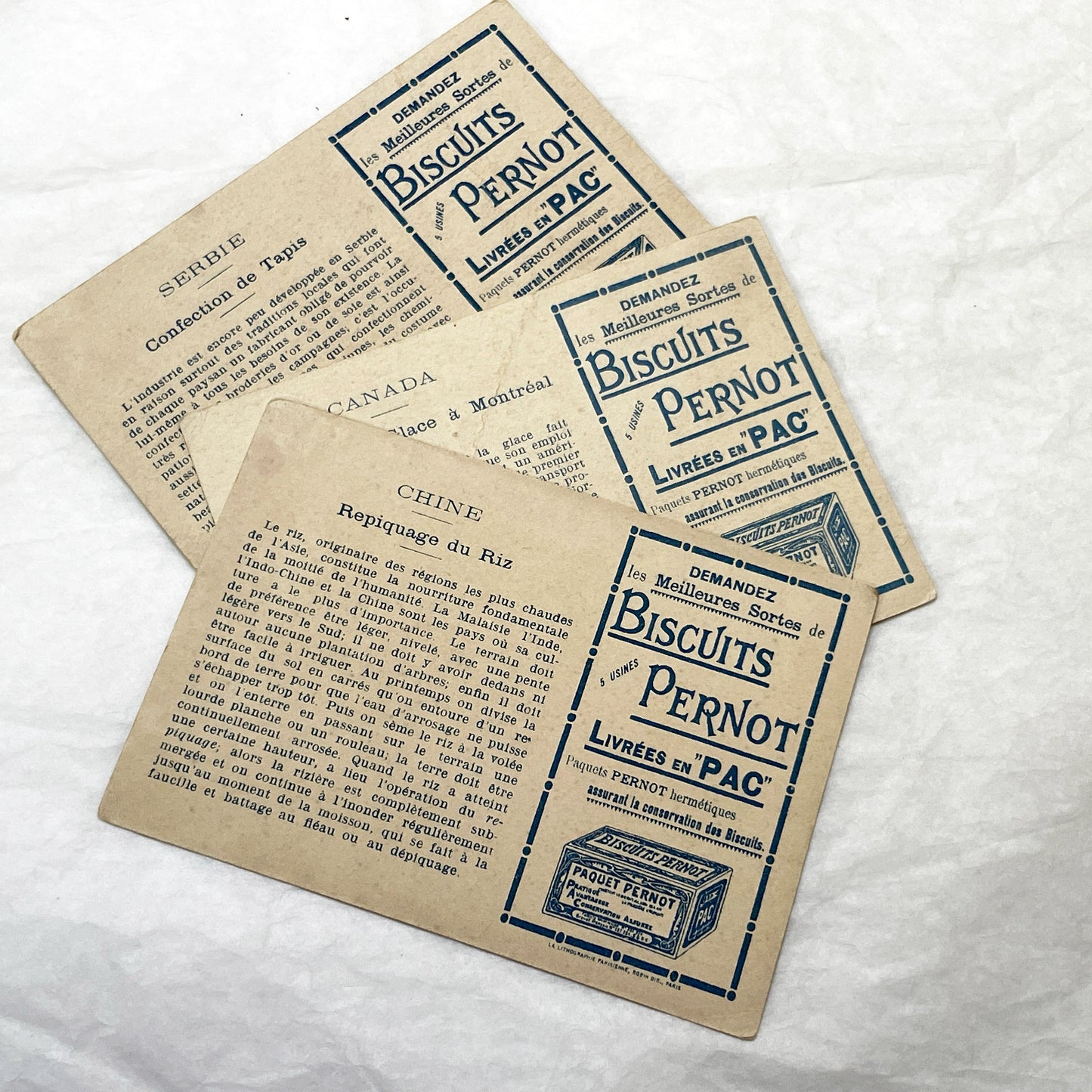 1900s - 3 Biscuits Pernot Trade Cards - World Industries - Canada - Serbia - China - Antique Advertising Ephemera - Collectible French