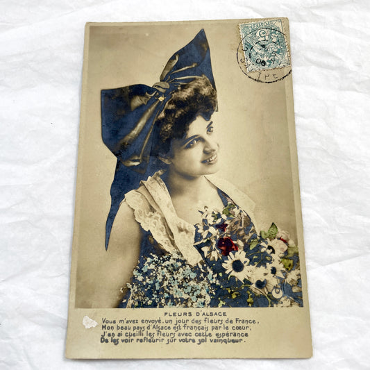1900s - Vintage French Alsace Postcard - Hand-Colored Woman in Traditional Costume - Patriotic Poem - Early 20th Century Ephemera Art