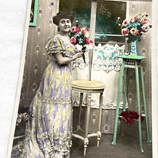 1910s - Elegant Lady Postcard - Vintage French Amities Greeting - Hand-Colored Photograph - Edwardian Fashion - Floral Bouquet