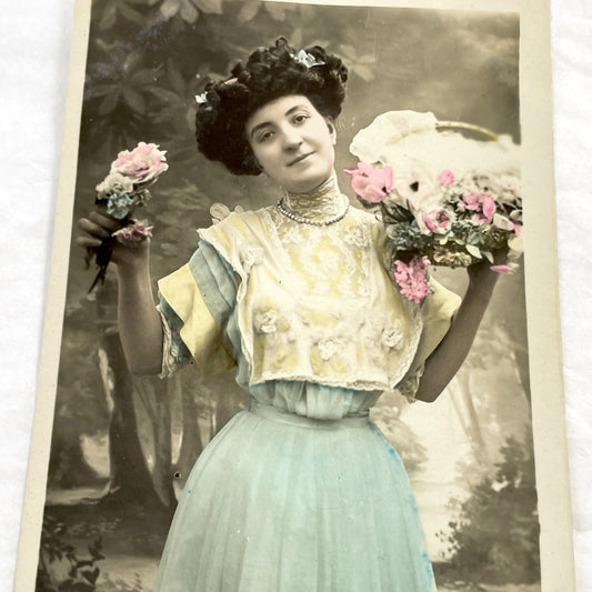 1910s - Beautiful Hand-Colored French Postcard - Elegant Lady With Pink Flowers - Vintage Fashion Portrait - Collectible Art Nouveau