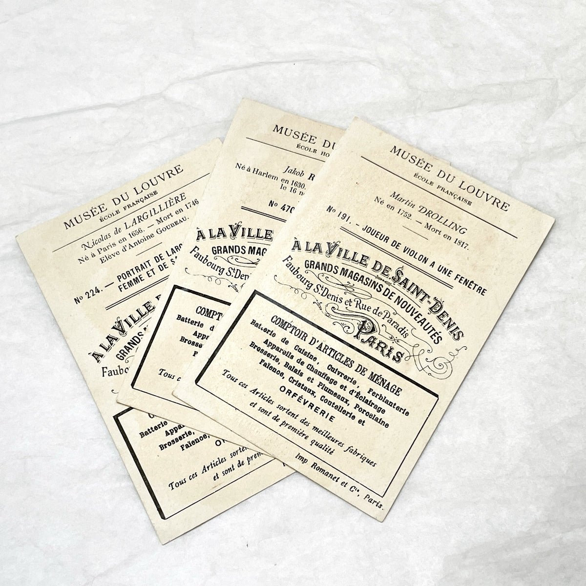 Late 19th - 3 Vintage French Advertising Chromo Cards - Louvre Museum Art Reproductions - A La Ville De Saint-Denis - Collectible Ephemera