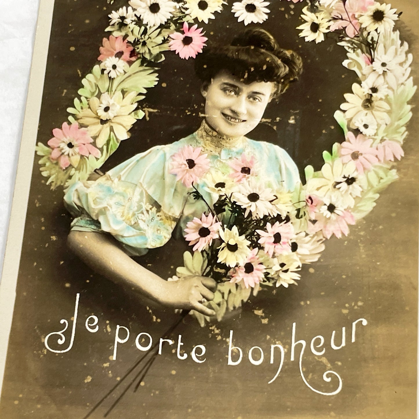 1900s - French Belle Epoque Good Luck Postcard - Young Woman Floral Wreath Portrait - Hand-Colored Daisies - Antique collectible