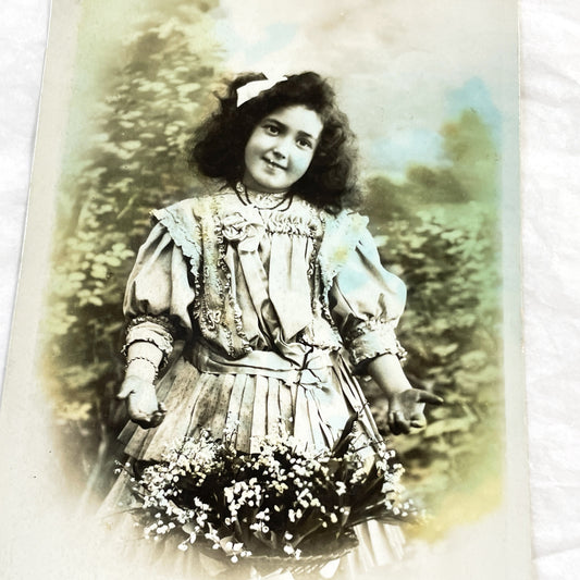 1900s - Antique French Postcard - Young Girl With Lily Of The Valley Flowers - Hand Colored Portrait - Vintage Ephemera
