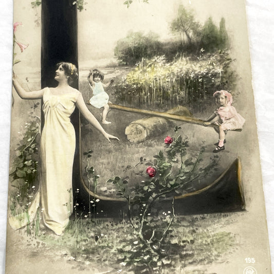 1900s - Art Nouveau Postcard - Elegant Woman Children Seesaw - Idyllic Pastoral Scene - Musterschutz Marked