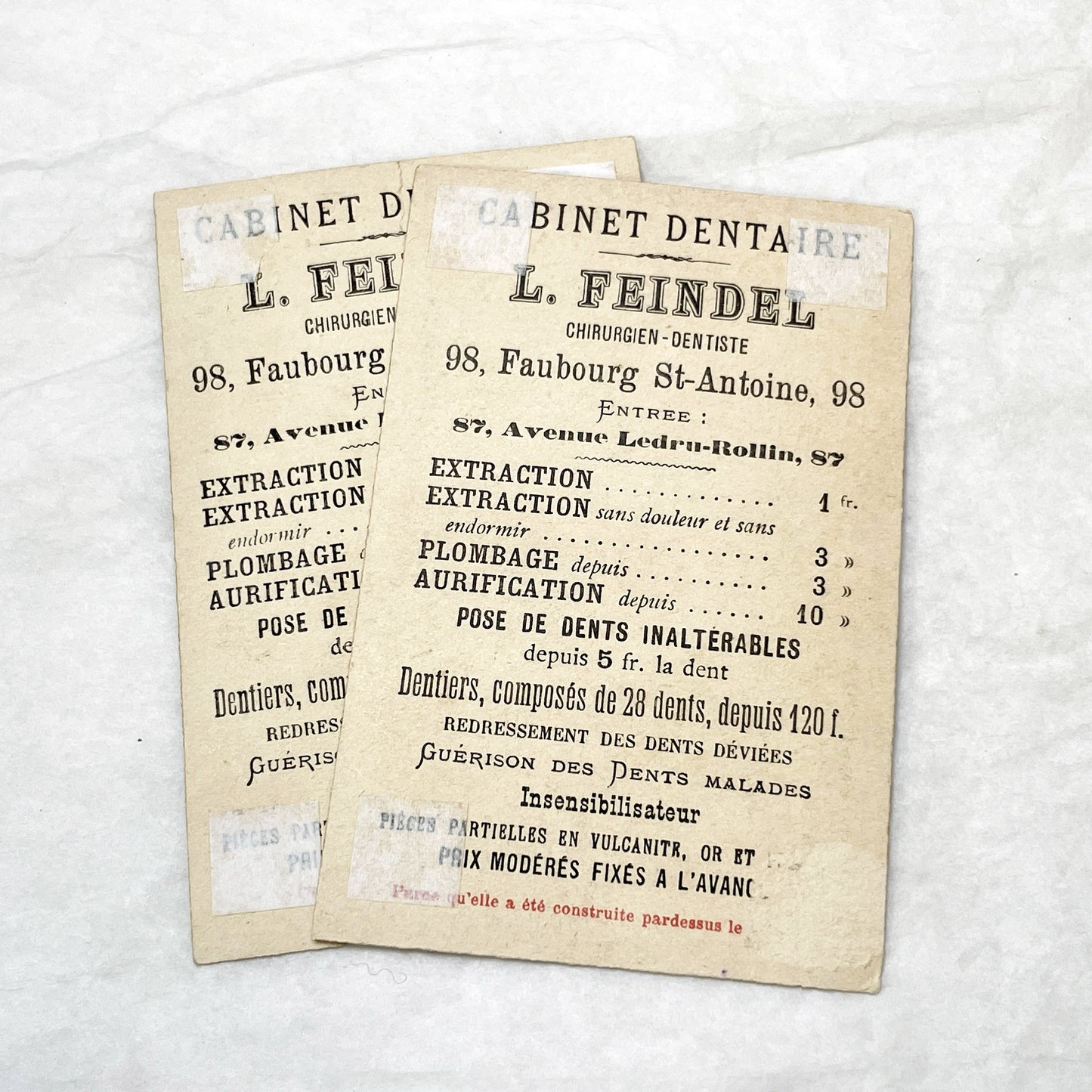 Late 19th - 2 French Dental Practice Trade Cards - Children's Riddles - Vintage Advertising Ephemera - L. Feindel Dentist