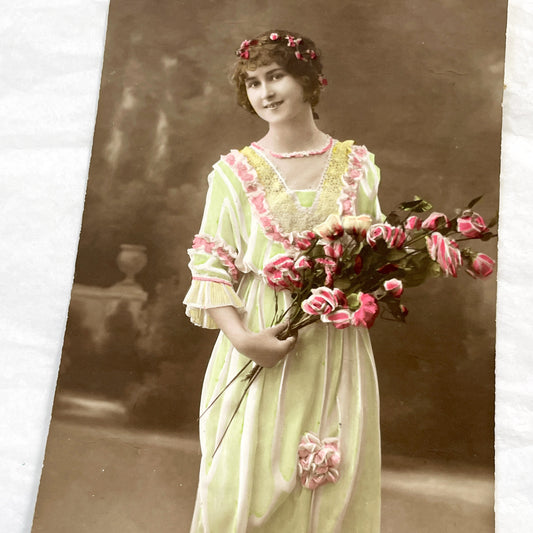 1910s - Vintage Hand-Colored Postcard - Young Woman - Pink Roses Bouquet - Floral Wreath - Parisian Publisher - Antique Ephemera