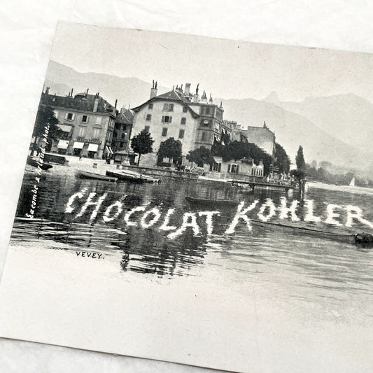 1900s - Vintage Swiss Postcard - Vevey Lake Geneva Steamboat Scene - Chocolat Kohler Advertisement - Historic Travel Ephemera
