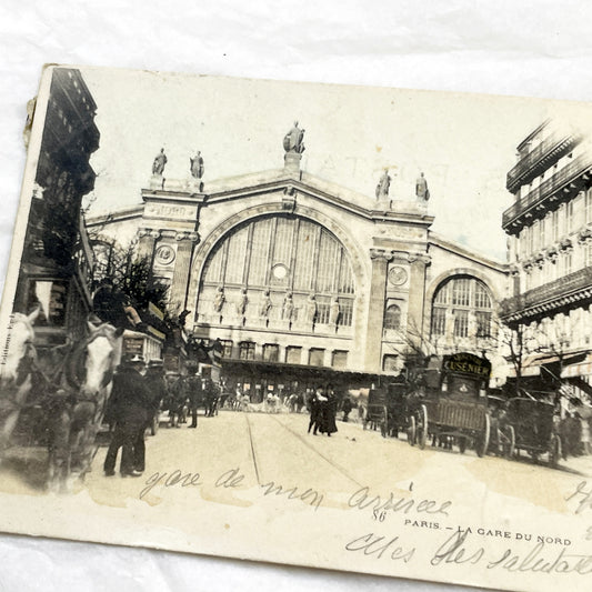 1900s - Vintage Parisian Gare Du Nord Postcard - Horse Drawn Carriages - Historic French Railway Station Scene - Antique Ephemera