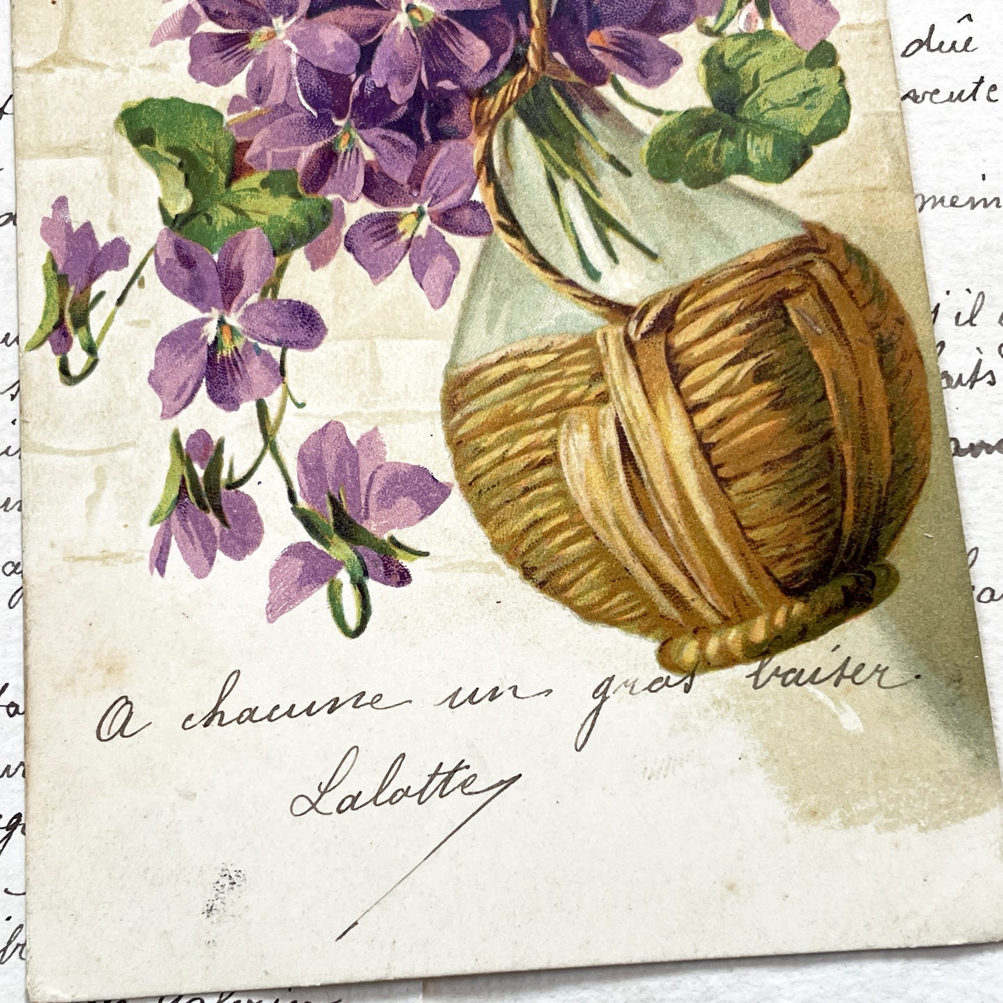 1900s - Antique French Postcard - Violets Vase Illustration - Handwritten French Message From Lalotte - Floral Ephemera Collectible