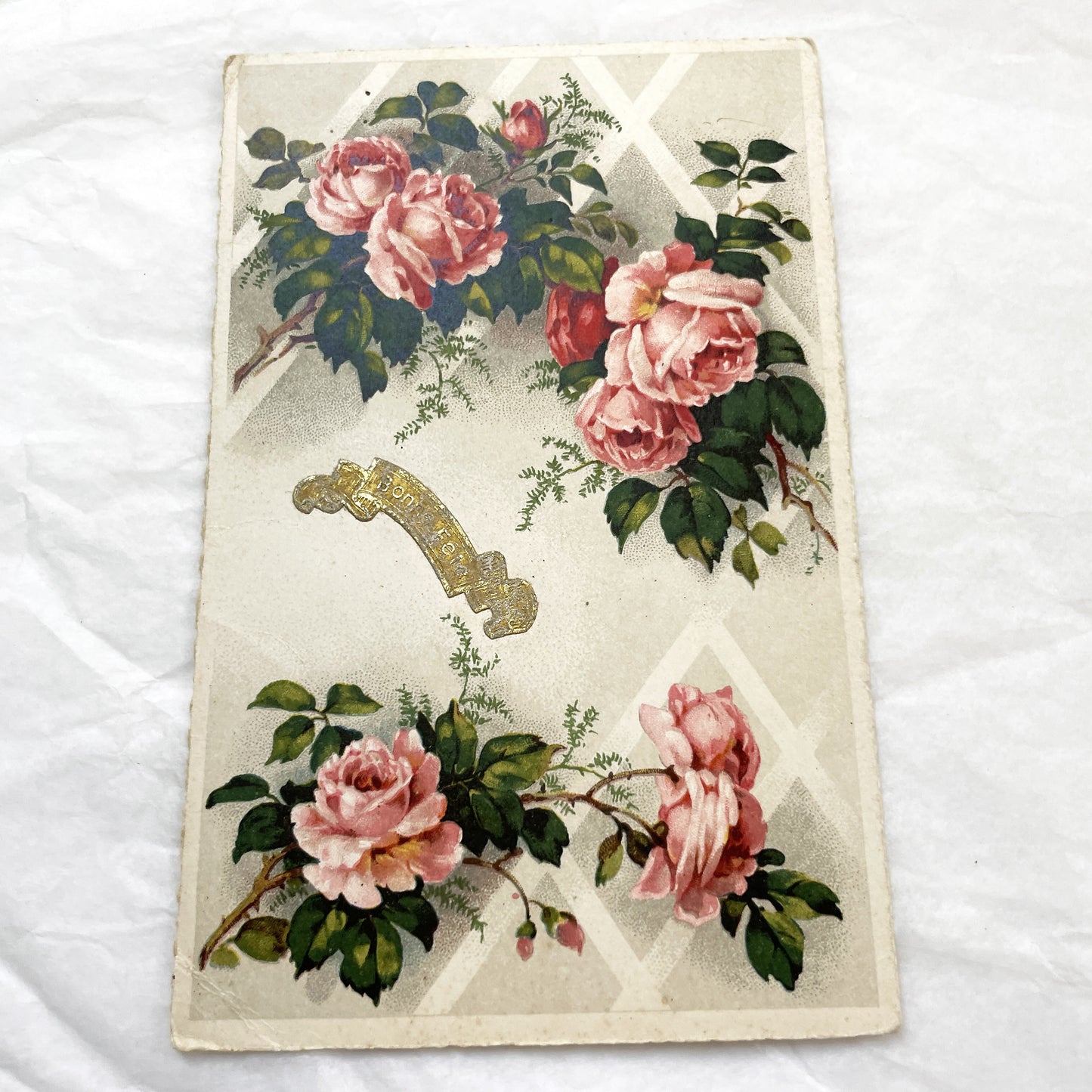 1950s - Exquisite Vintage Chromo Card - Antique Pink Rose Floral Bonheur Greeting - Victorian Era Ephemera - Collectible Art Print