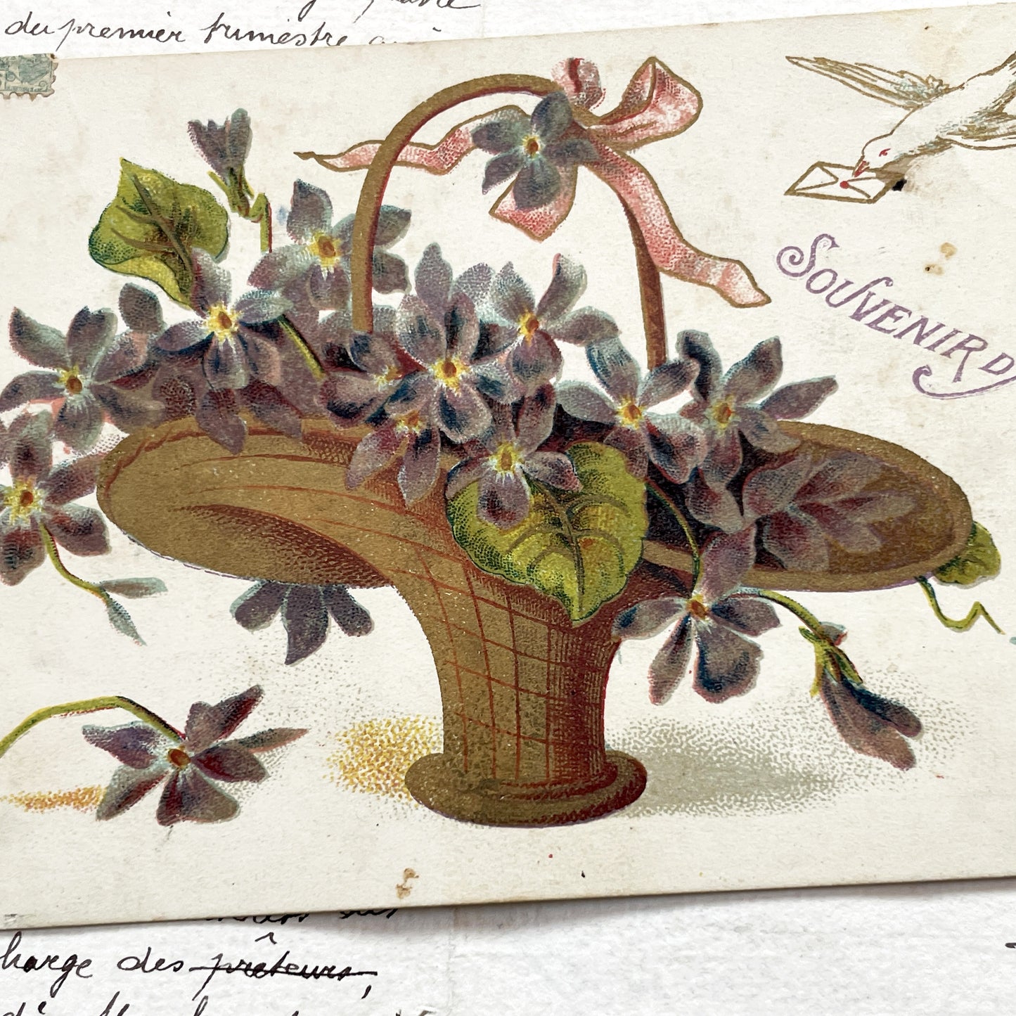 1900s - Antique French Postcard - Floral Violets Basket - Souvenir D'Amitie - Victorian Era Ephemera - Collectible Art Print