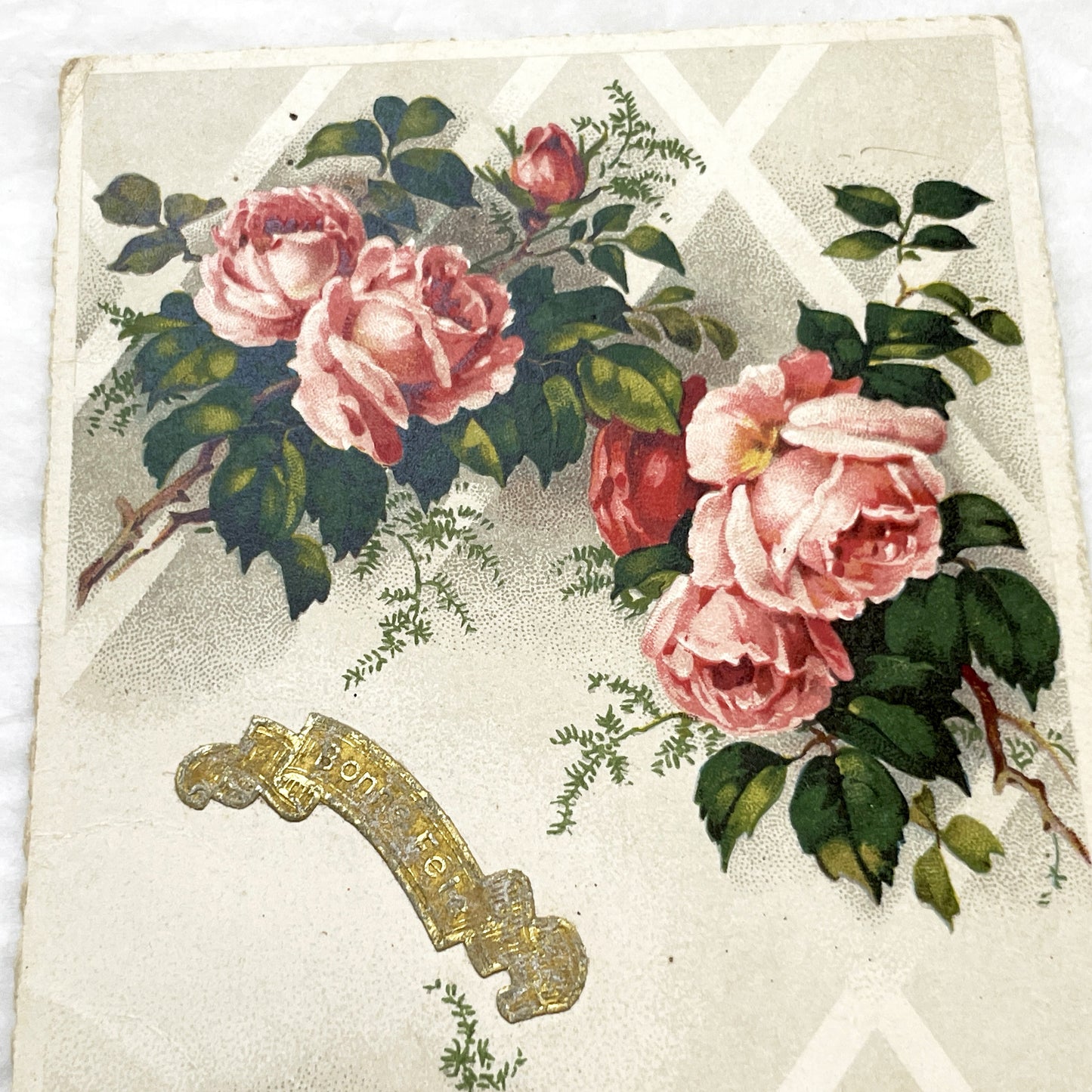 1950s - Exquisite Vintage Chromo Card - Antique Pink Rose Floral Bonheur Greeting - Victorian Era Ephemera - Collectible Art Print