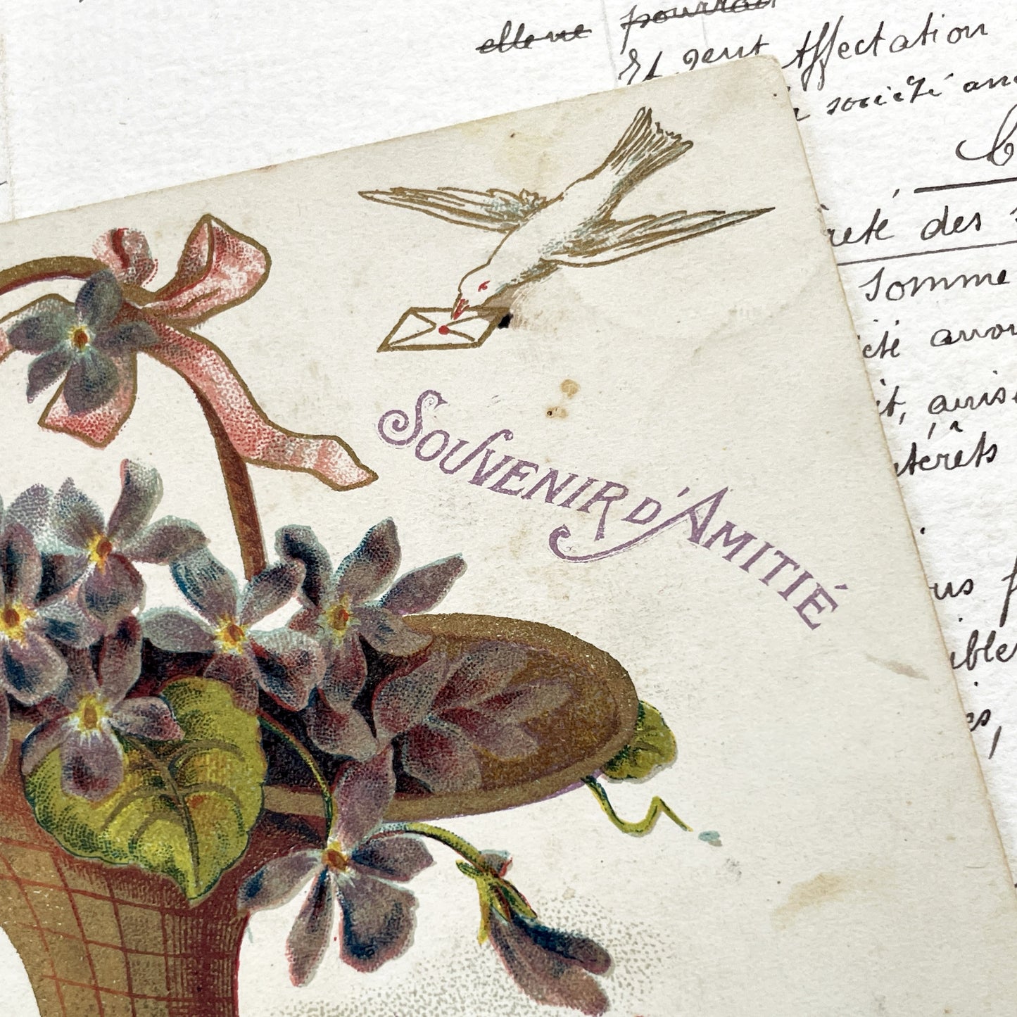 1900s - Antique French Postcard - Floral Violets Basket - Souvenir D'Amitie - Victorian Era Ephemera - Collectible Art Print