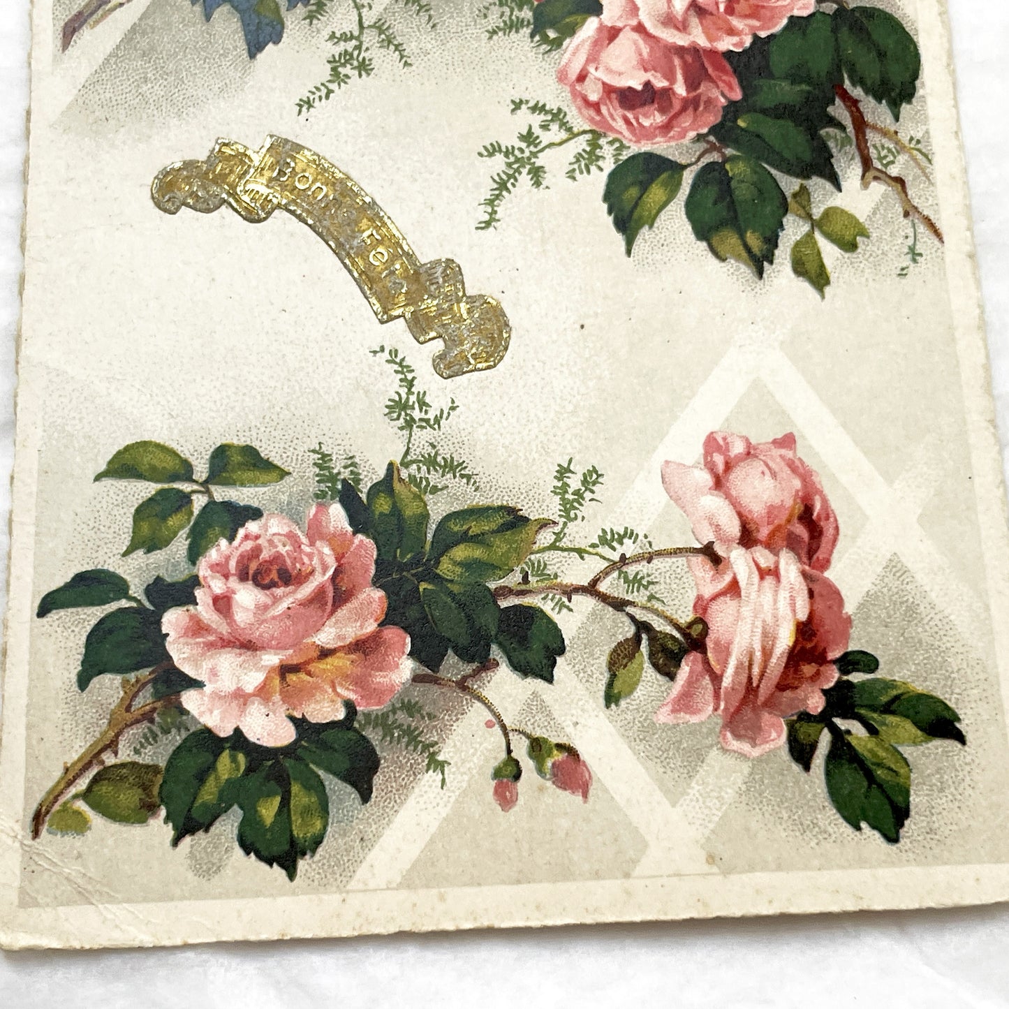1950s - Exquisite Vintage Chromo Card - Antique Pink Rose Floral Bonheur Greeting - Victorian Era Ephemera - Collectible Art Print