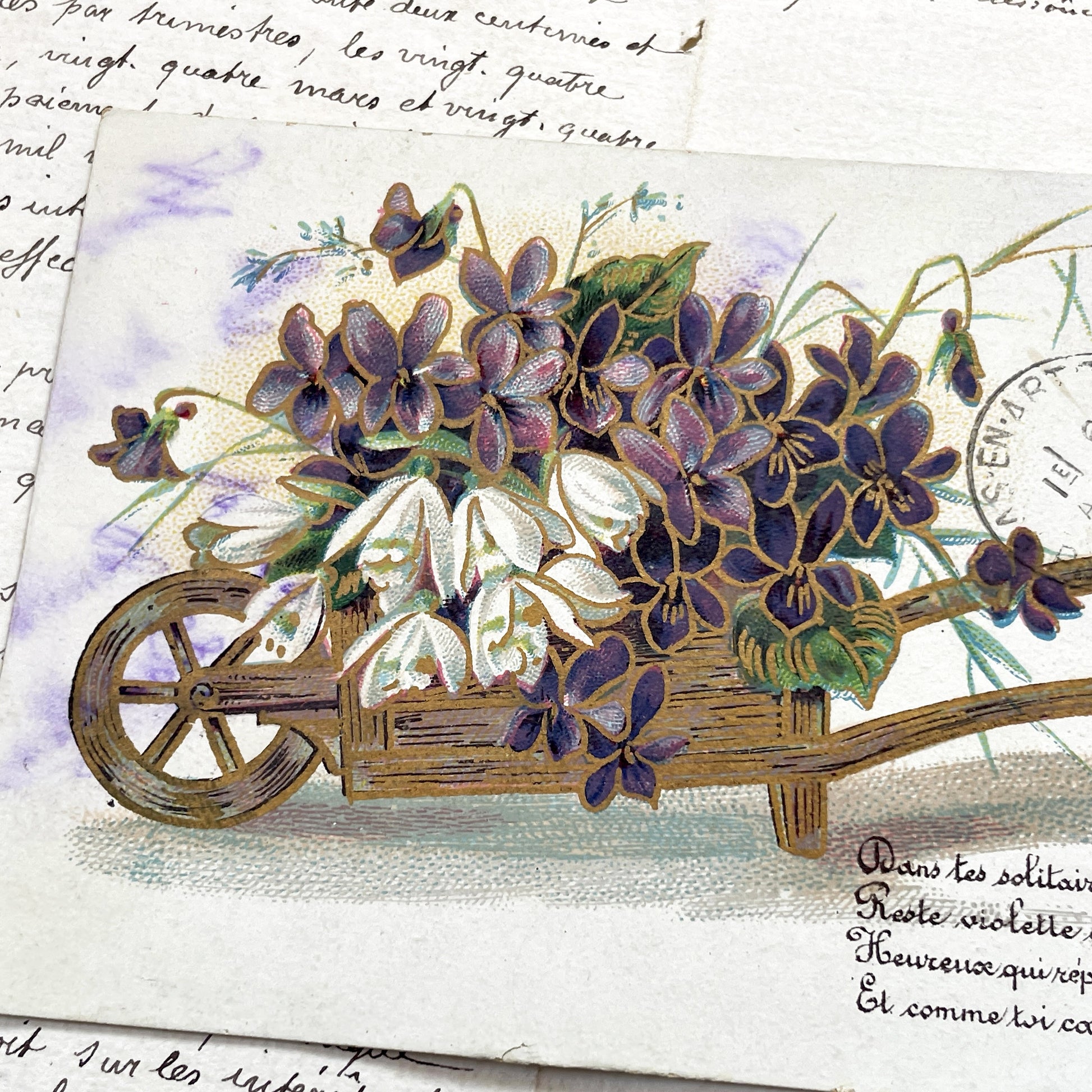 1900s - Antique French Postcard – Embossed Flowers & Wheelbarrow, Early 1900s Violet Bouquet Romantic Card