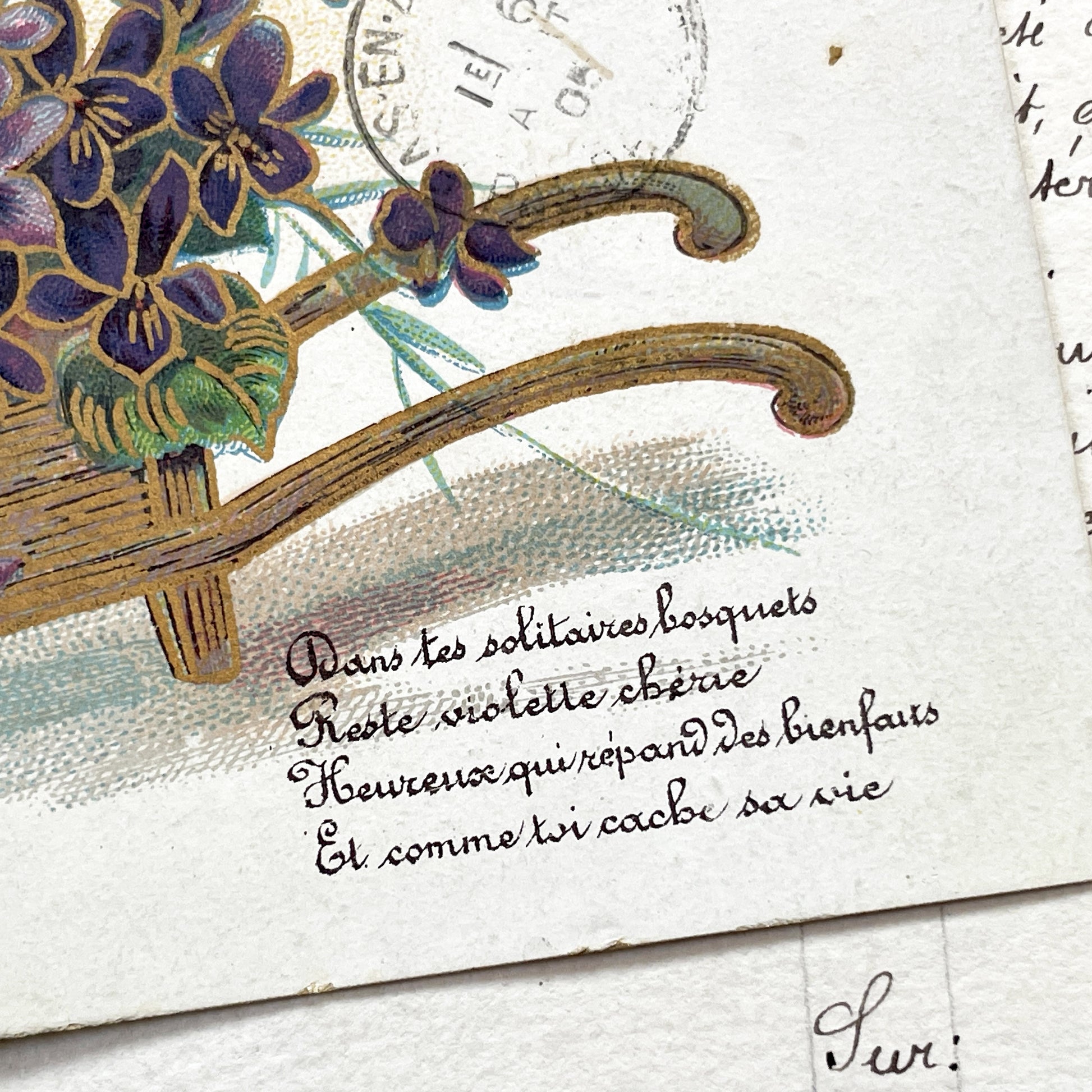1900s - Antique French Postcard – Embossed Flowers & Wheelbarrow, Early 1900s Violet Bouquet Romantic Card