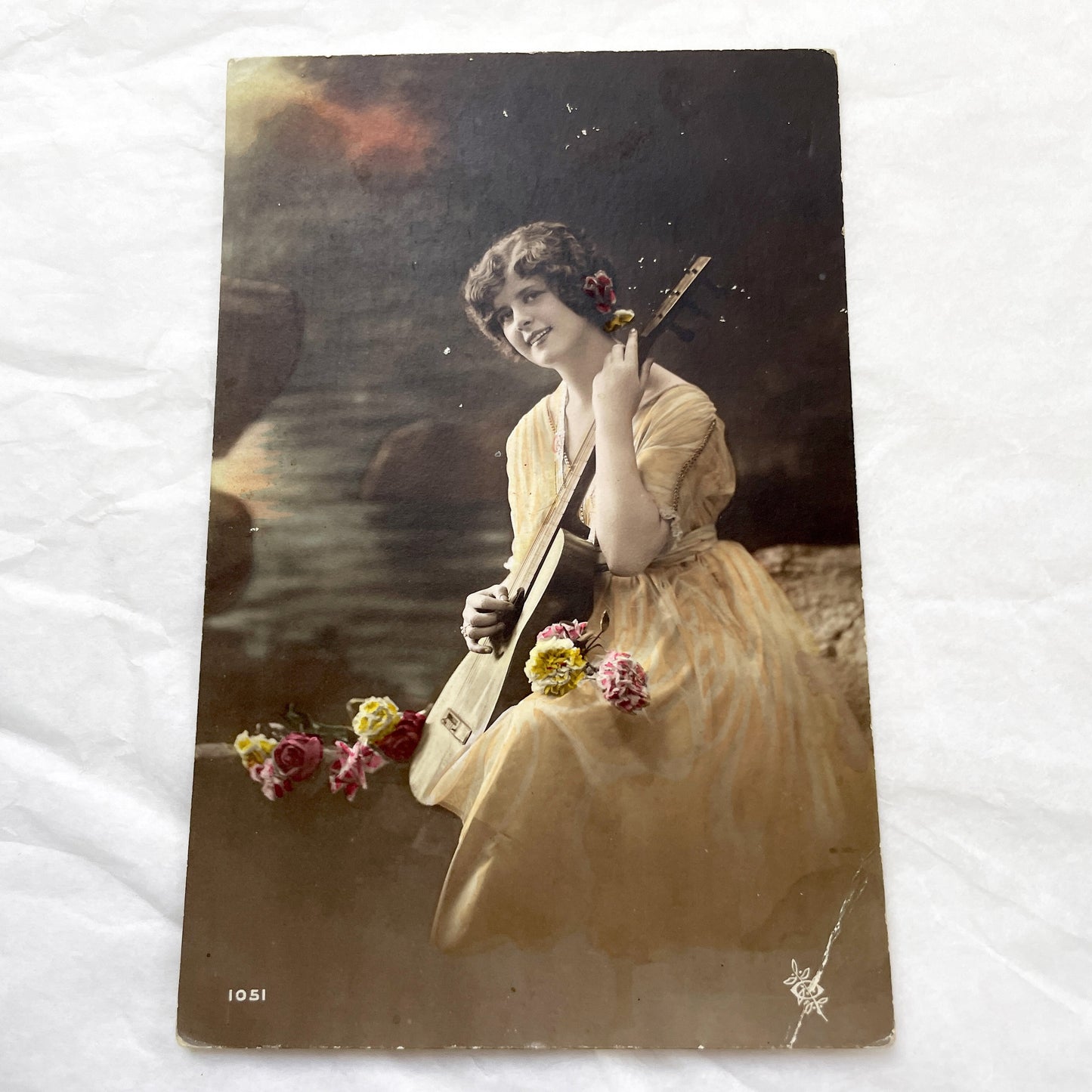 1910s - Vintage Hand-Tinted Postcard - Young Woman Playing Mandolin - Edwardian Era Glamour Portrait - Collectible Art Nouveau Style